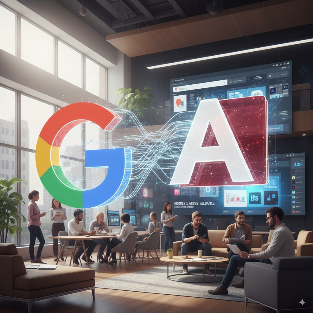 Image volontairement générée avec Nano Banana avec le prompt : "image du partenariat entre google et adobe"