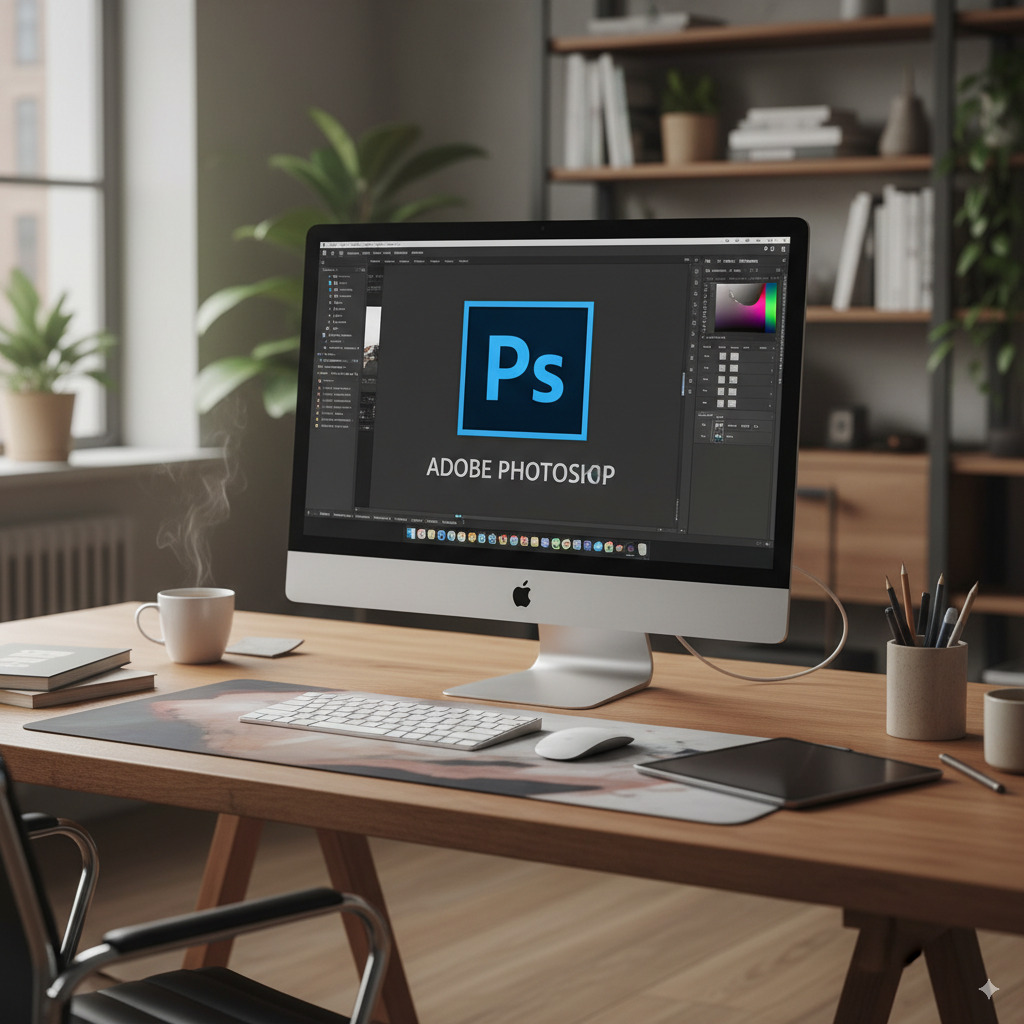 Image volontairement générée avec Nano Banana avec le prompt : "Bureau avec un ordinateur ayant le logo adobe photoshop dessus"